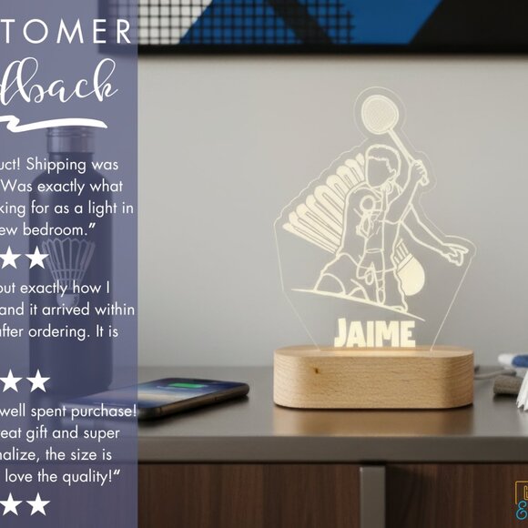 Personalized Badminton LED Night Light – Cool Sports Room Decor - Picture 7 of 8